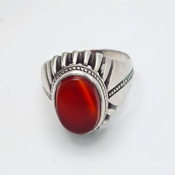 Native American Tribal Red Agate 925 Sterling Silver Unisex Ring Sz. 9.75 - Picture 2 of 6